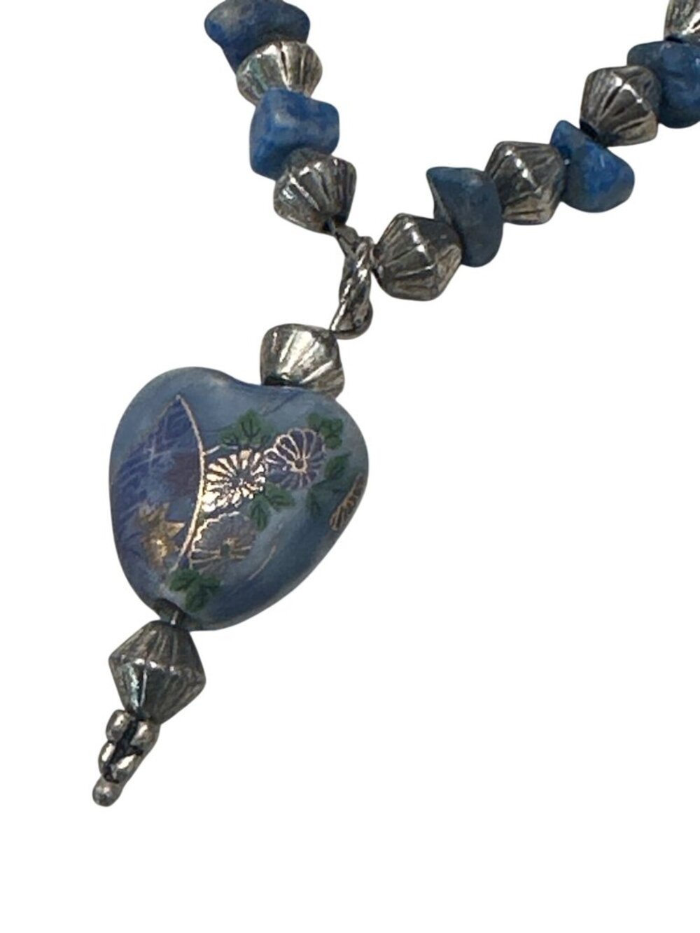 VTG Heart Pendant Necklace Blue Beaded Romantic Spacers Floral Cottage Core